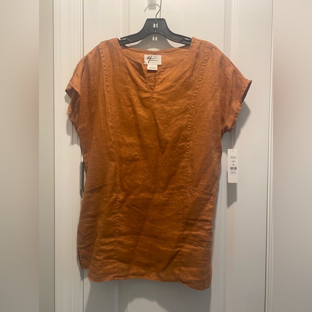 NWT Andrea Jovine 100% Linen Copper Top W/Front Pockets SZ M Side Slit V Neck